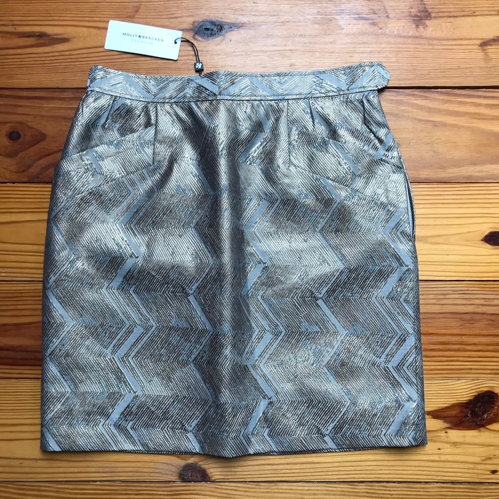 Molly Bracken Gold Silver Pencil Skirt with Pockets, NWT, S